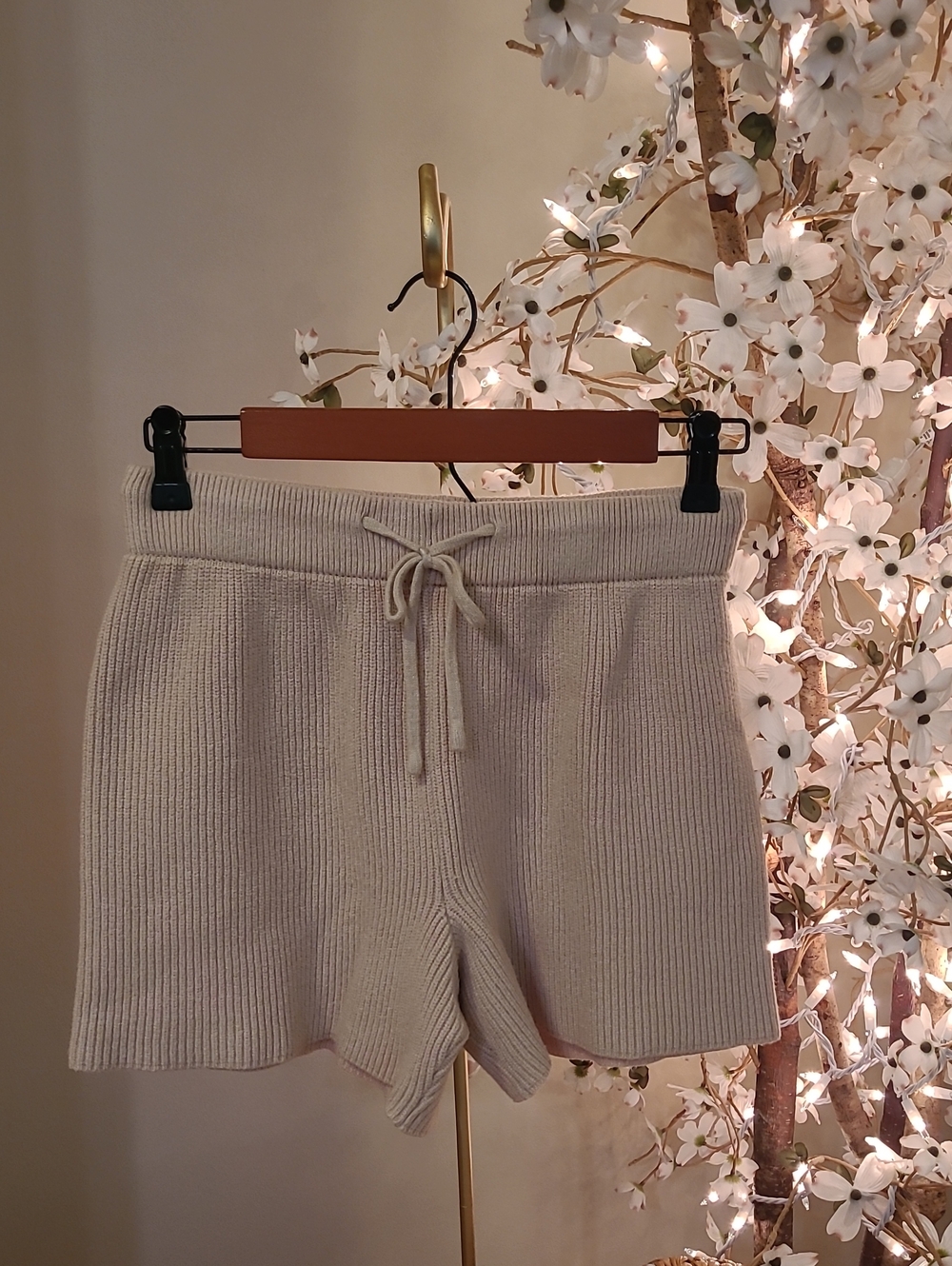 Tan Ribbed Knit Sweater Shorts